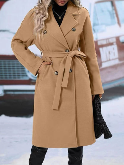 Women's Winter Notch Lapel Double Breasted Wool Blend Mid Long Pea Trench Coat