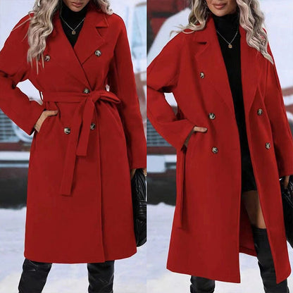 Women's Winter Notch Lapel Double Breasted Wool Blend Mid Long Pea Trench Coat