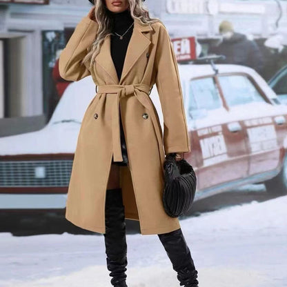 Women's Winter Notch Lapel Double Breasted Wool Blend Mid Long Pea Trench Coat