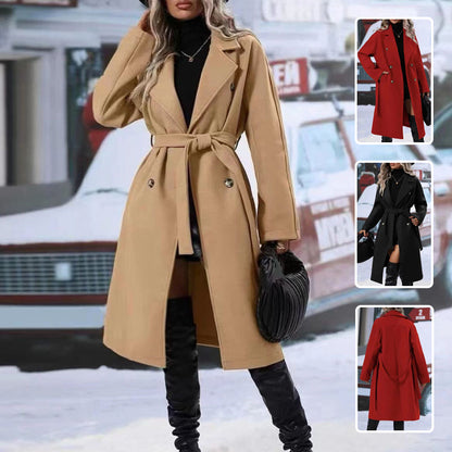 Women's Winter Notch Lapel Double Breasted Wool Blend Mid Long Pea Trench Coat